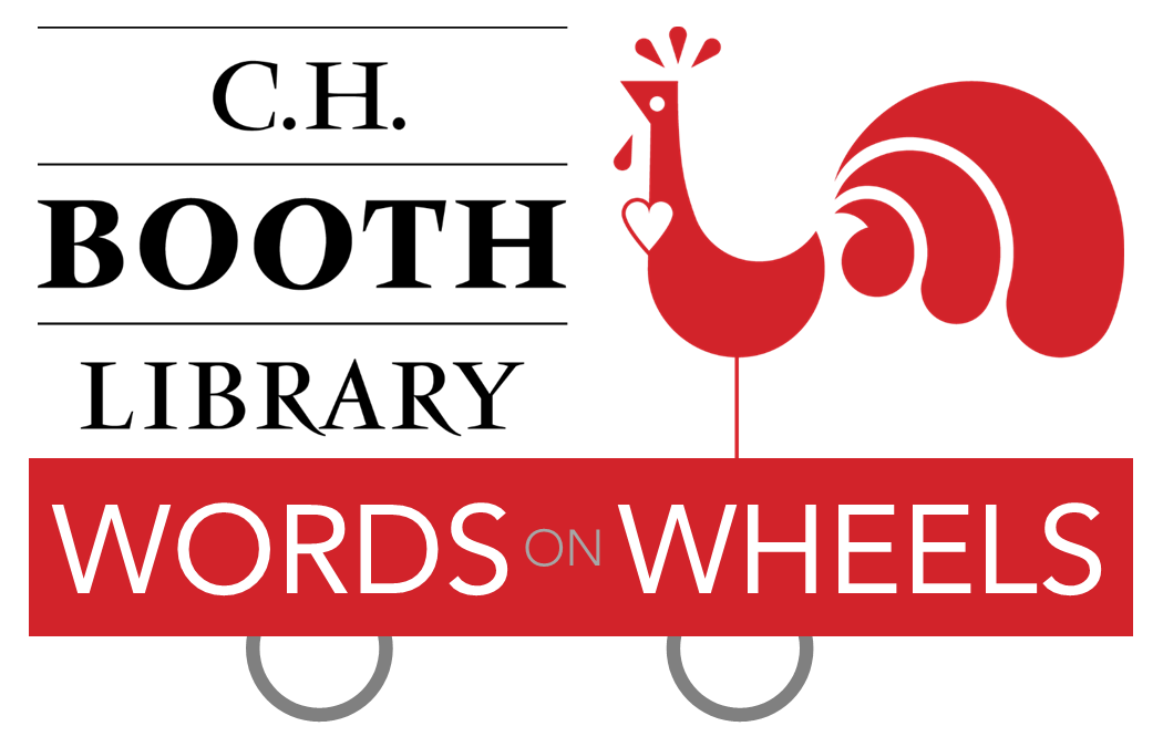 Design showing the C.H. Booth Library rooster logo on a cart with wheels